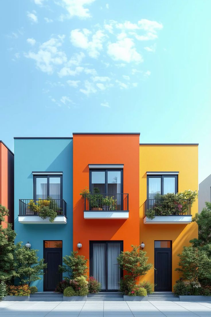 A row of freshly painted, colourful building façades