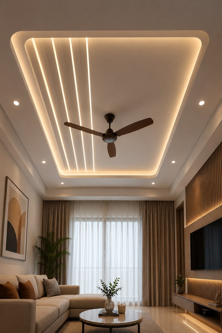 A decorative false ceiling design with recessed lighting